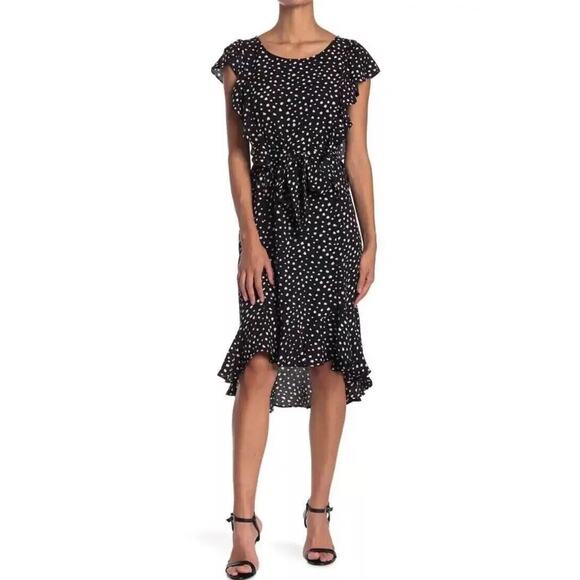 Max Studio Women L Dress Midi Polka Dot Flutter Sleeve Tie Waist Navy Blue - Picture 1 of 9